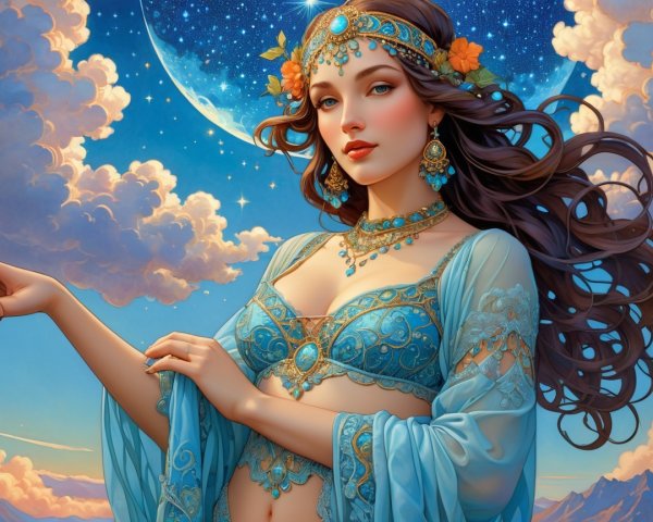 Elegant Woman in Turquoise Outfit Against Moonlit Sky