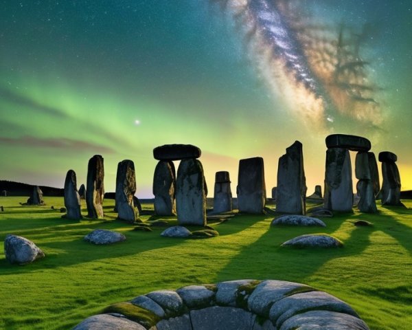 Stonehenge Under Night Sky with Milky Way and Auroras