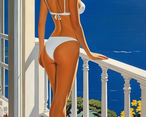Glamorous Woman in White Bikini on Balcony by Sea