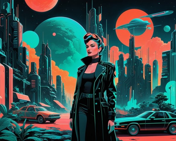 Futuristic cityscape with stylish woman in black coat