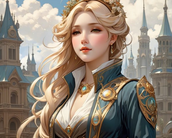 Regal figure in ornate architecture with floral crown