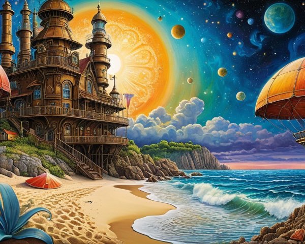 Whimsical Beach Scene with Fantastical Castle and Sun