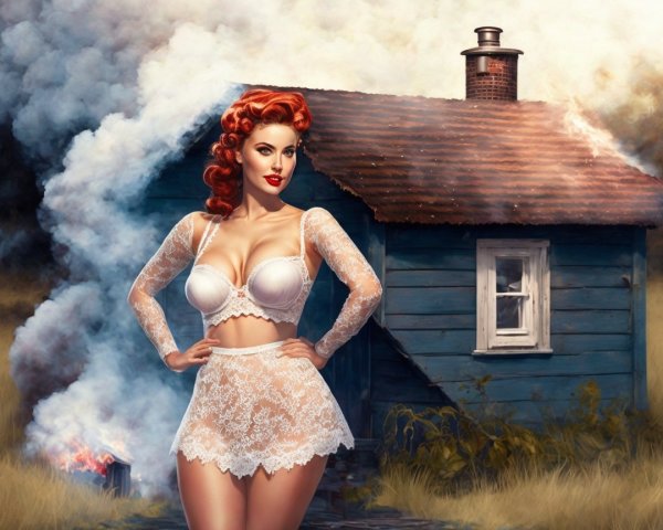 Vintage Pin-Up Model in Rustic Blue Cottage Setting