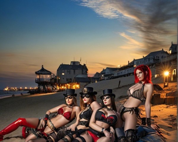 Twilight Beach Scene with Models in Edgy Outfits