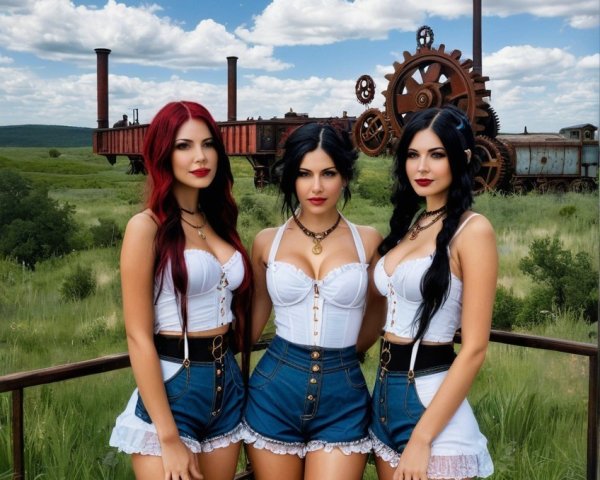 Women in Stylish Outfits on Rustic Platform with Train