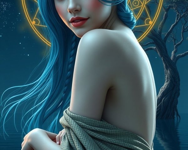 Digital Portrait of Woman with Blue Hair and Halo