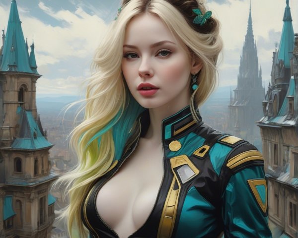 Futuristic Character in Vibrant Cityscape Setting