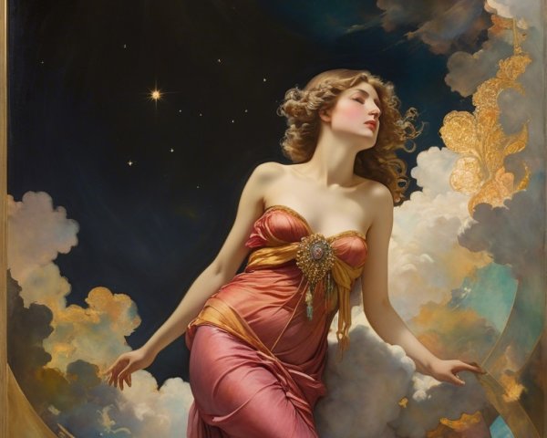 Ethereal Woman in Pink Gown Among Swirling Clouds