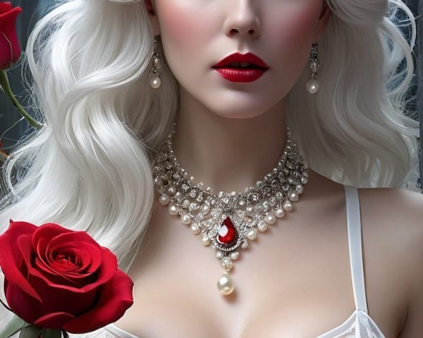 Woman with White Hair and Red Roses in Mystical Setting