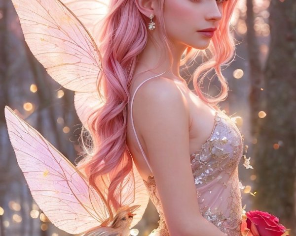 Young Girl in Fairy Gown with Butterfly Wings in Forest