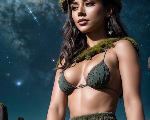 Woman in moss outfit against starry night sky