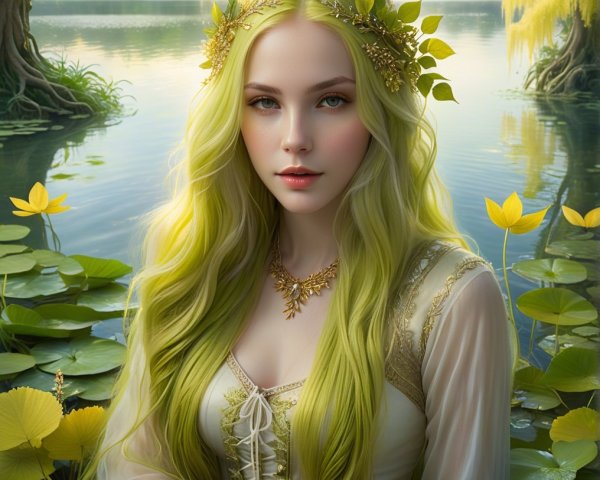 Serene Figure with Green Hair by Tranquil Lake