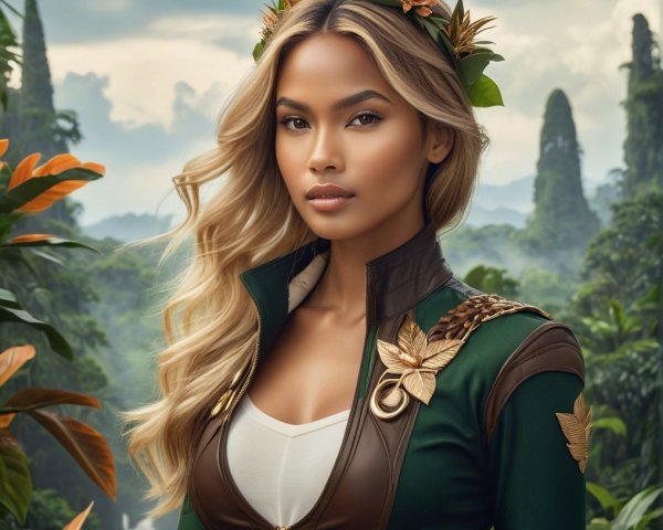 Woman in Jungle with Earthy Costume and Foliage Hair