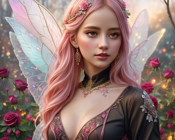 Fairy with Pink Hair and Iridescent Wings in Roses