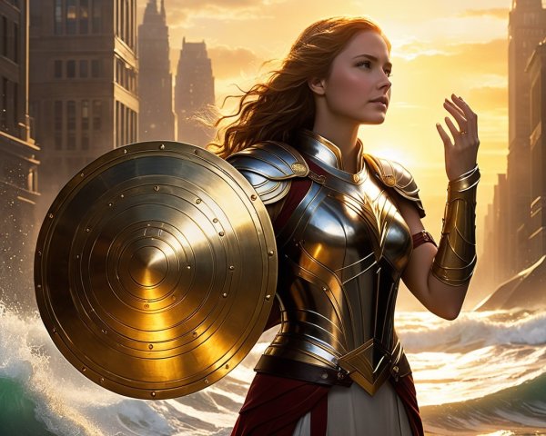Warrior on Rocky Shore with City Skyline Background