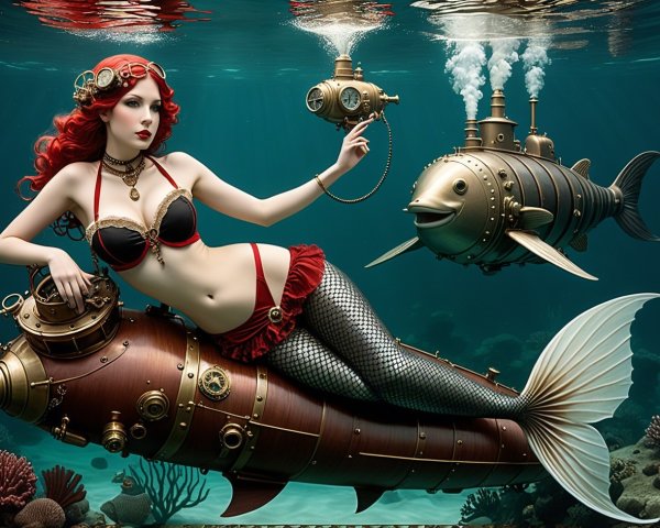 Steampunk Mermaid on Submarine with Coral Reef Background