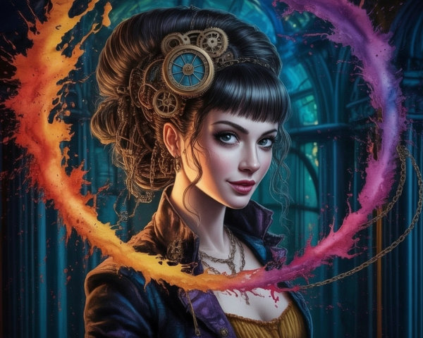 Steampunk Woman with Intricate Hairstyle and Outfit