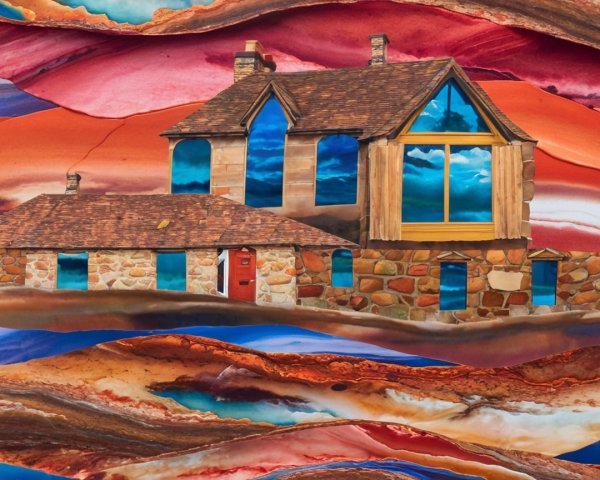 Whimsical Stone House with Colorful Background Waves