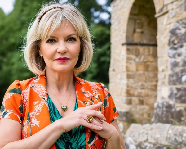 Confident Woman in Floral Shirt by Ancient Stone Structure