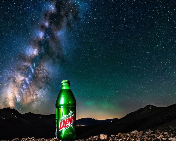Mountain Dew Bottle Against Starry Night Sky