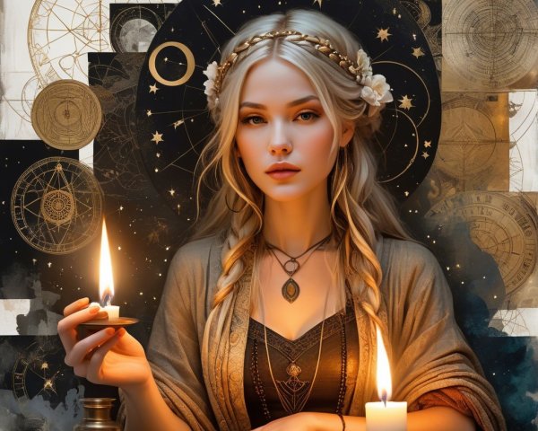 Serene Woman with Candle and Open Book in Celestial Scene