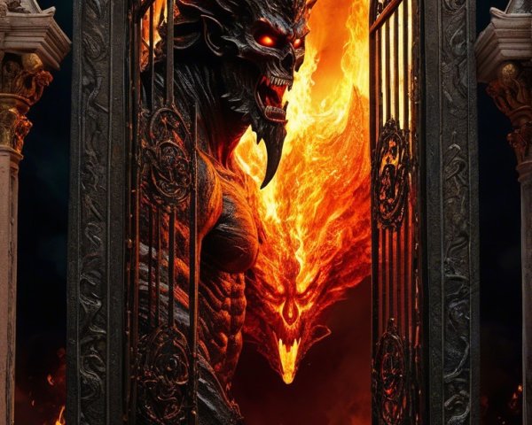Muscular demon in ornate doorway with fiery backdrop