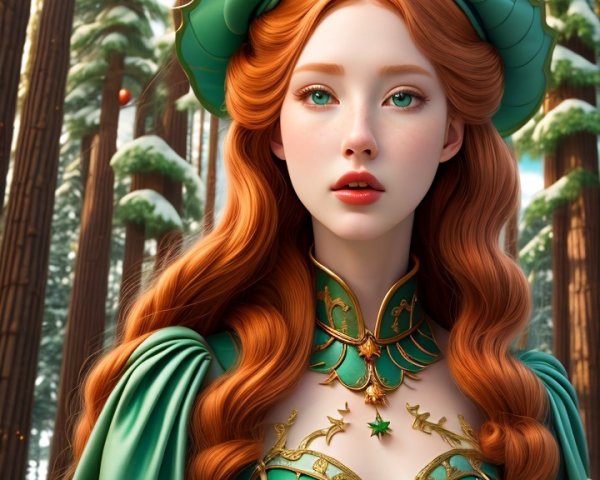 Elegant woman in green gown in a sparkling forest