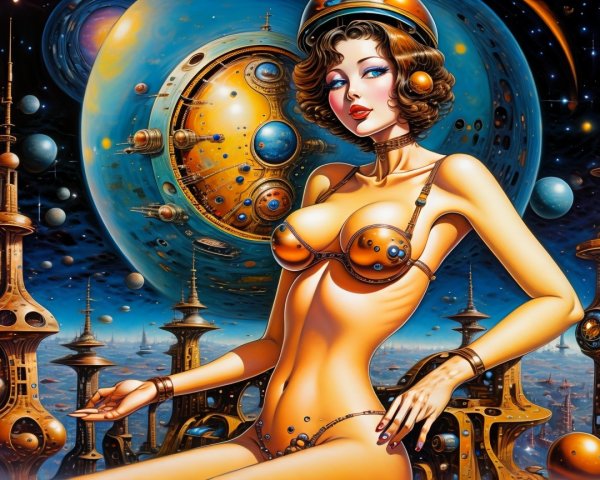 Futuristic Woman in Vibrant Cosmic Landscape