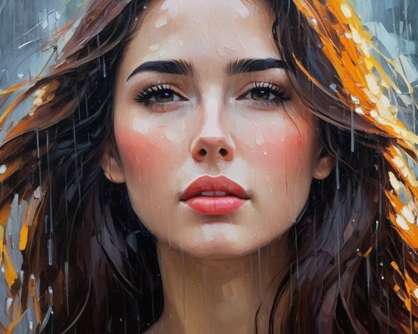 Close-up portrait of a young woman in rain.