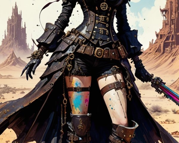 Steampunk Woman in Black Outfit in Barren Landscape