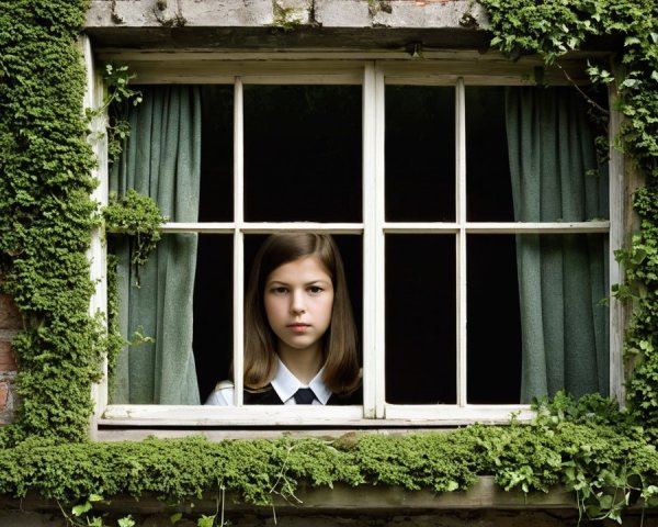 Young girl gazing from a rustic window with vines