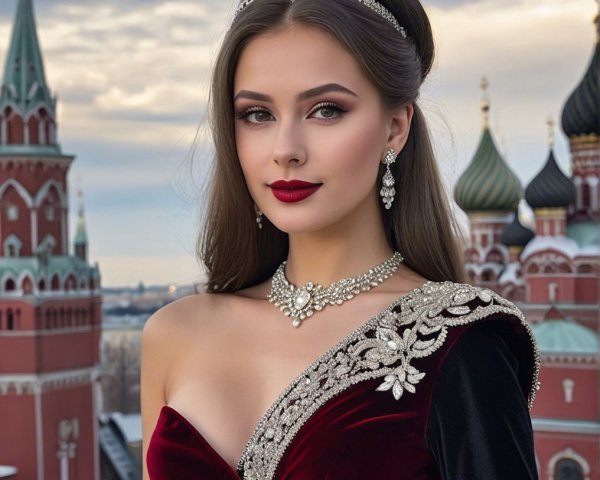 Glamorous Woman in Red Velvet Gown with Elegant Backdrop