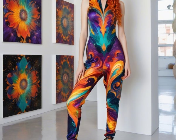 Vibrant Jumpsuit and Colorful Floral Artwork Display
