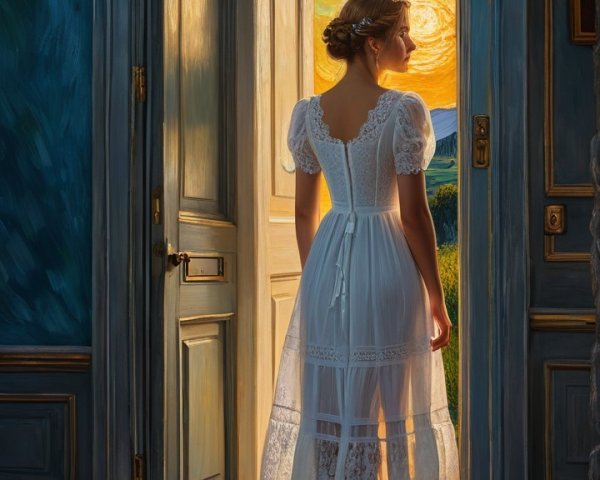 Young Woman in White Dress at Open Doorway with Sky