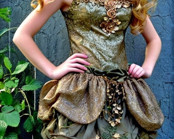 Elegant Dress with Gold Bodice and Ruffled Skirt