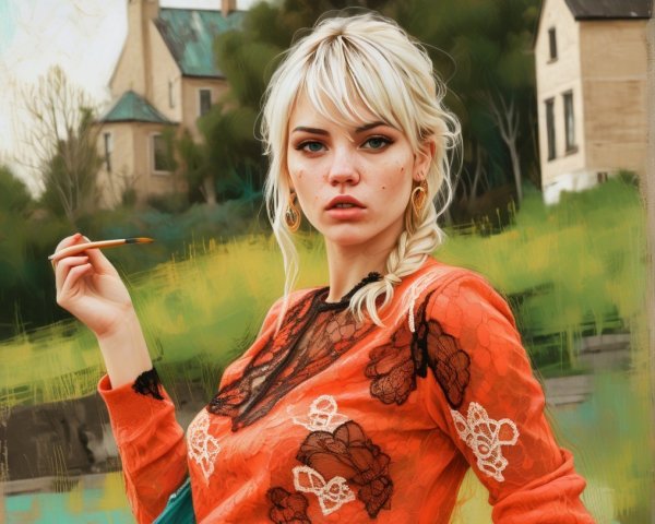 Young Woman in Floral Sweater in Lush Landscape