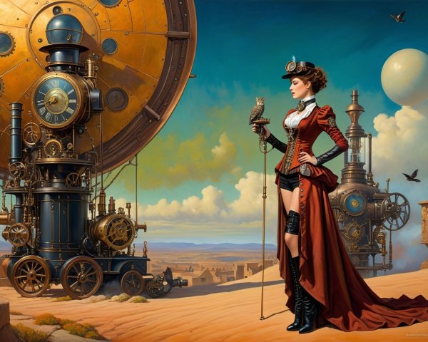 Surreal Steampunk Landscape with Victorian Elements