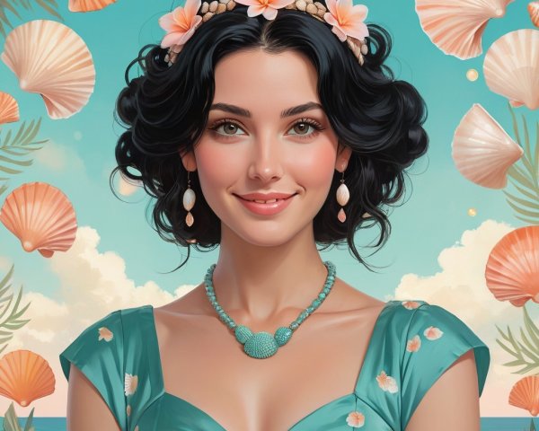 Young woman in floral dress by serene beach scene