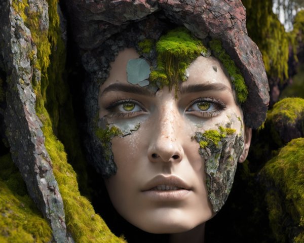 Moss-Covered Stone Face Blending Nature and Humanity