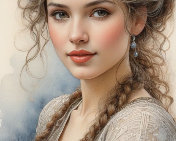 Elegant Young Woman with Wavy Hair and Embroidered Garment