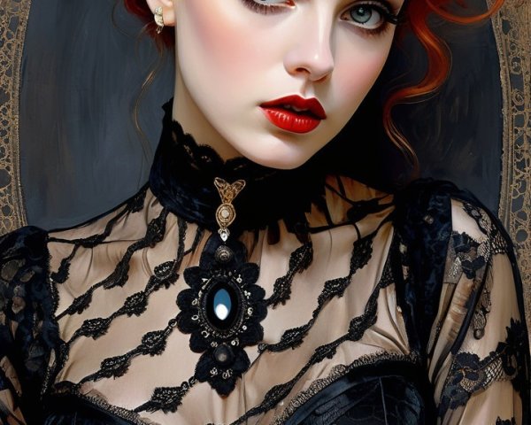 Young woman in black lace dress with red curls