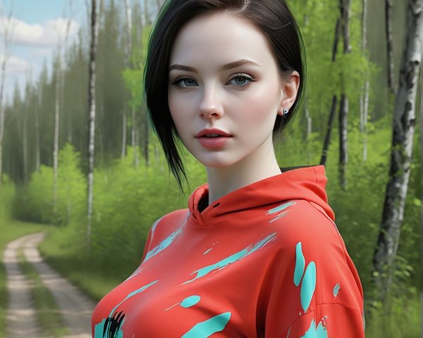 Young woman in red hoodie on forest path