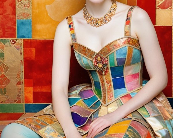 Young Woman in Patchwork Dress Against Geometric Backdrop