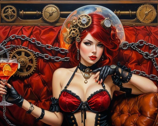 Steampunk Woman with Red Hair in Elegant Setting