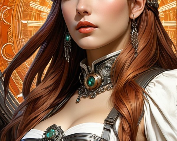 Steampunk Woman with Red Hair and Metallic Details