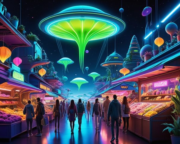 Futuristic market scene with glowing spacecraft and stalls