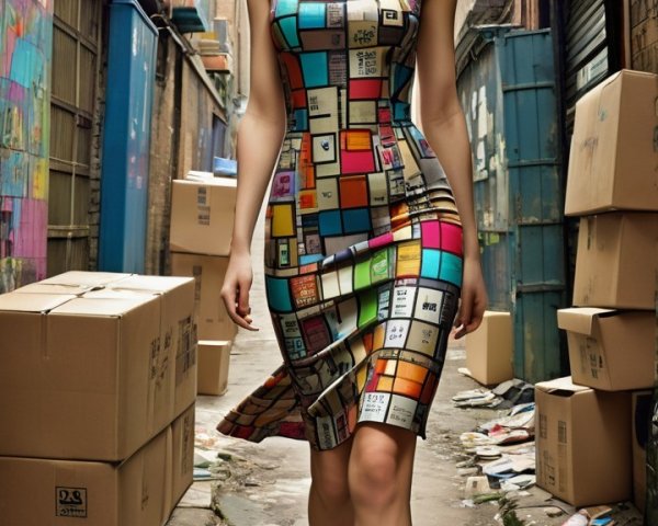Model in Colorful Dress Walks Through Urban Alley