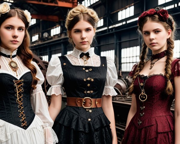 Young women in gothic Victorian dresses in industrial setting