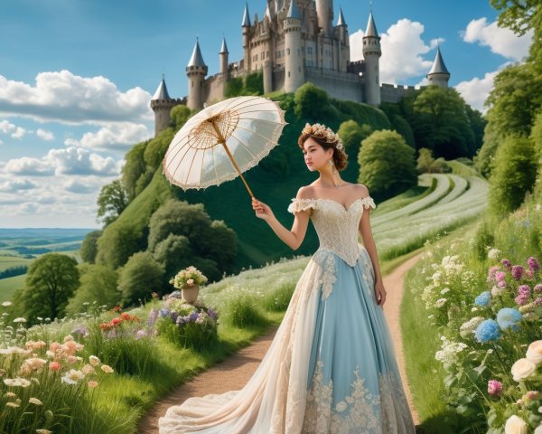 Young woman in gown with parasol by vibrant flowers