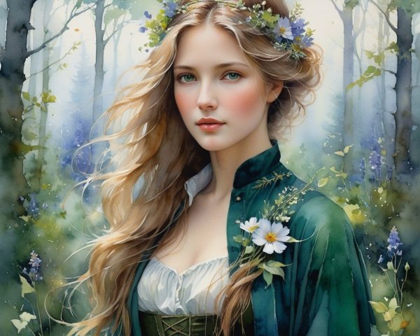 Serene Woman in Lush Forest with Flowers and Light